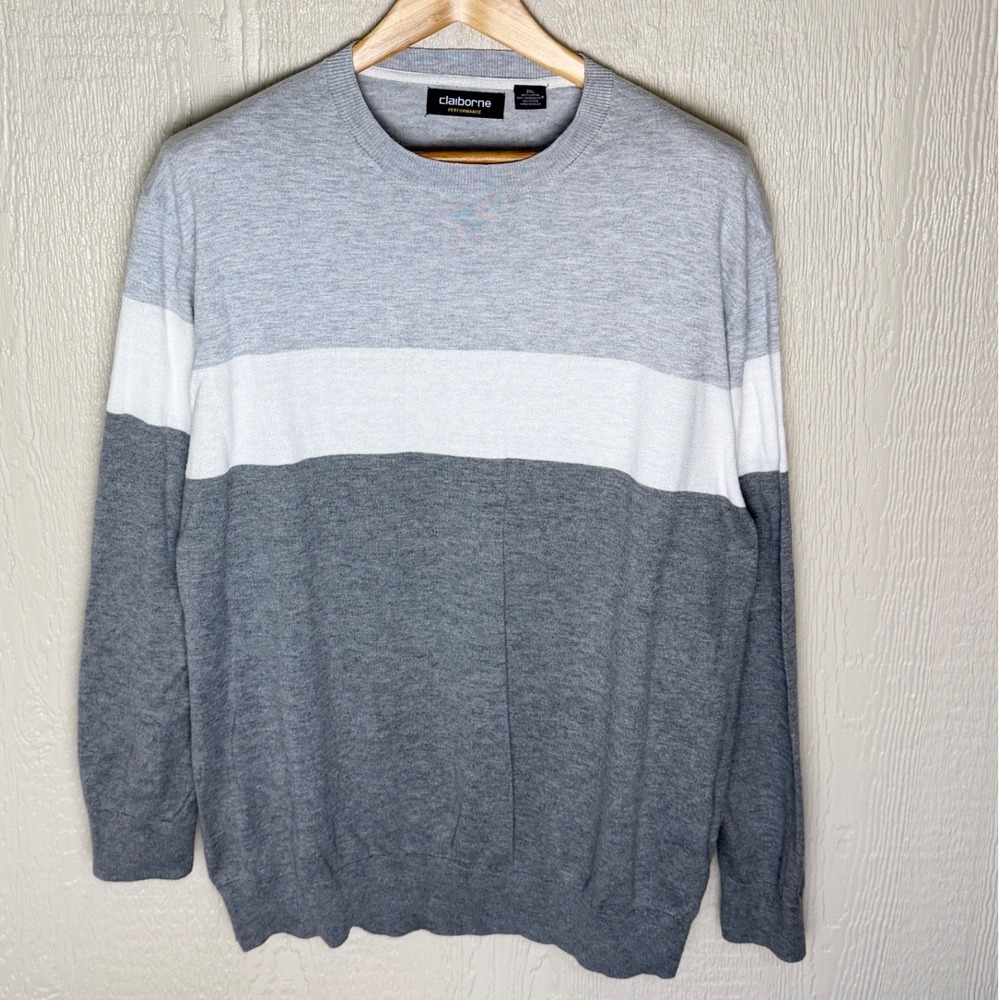 Claiborne Performance Mens 2XL Grey White Colorblock Crewneck Sweater Cotton